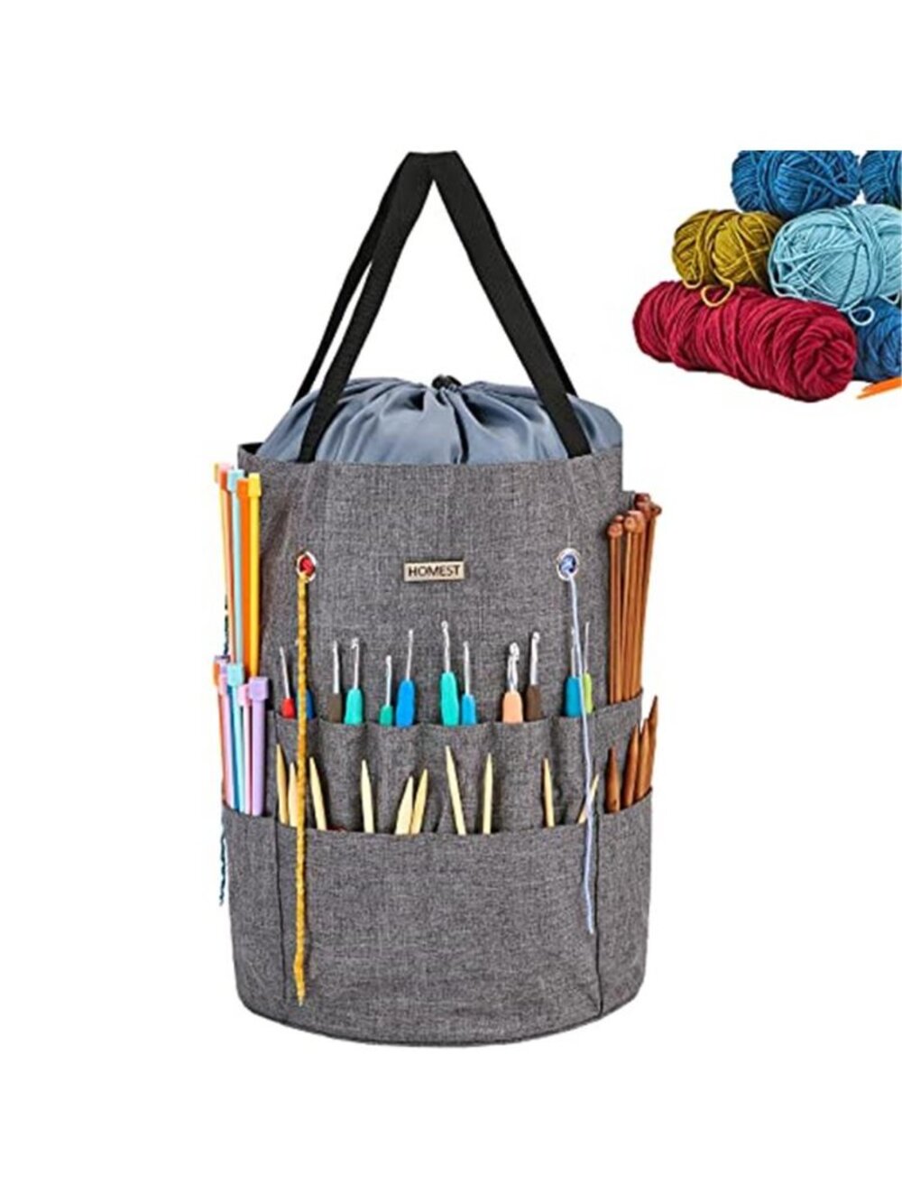 Large Crochet Knitting Bag Yarn Storage Organizer Tote Hook Pockets Drawstring